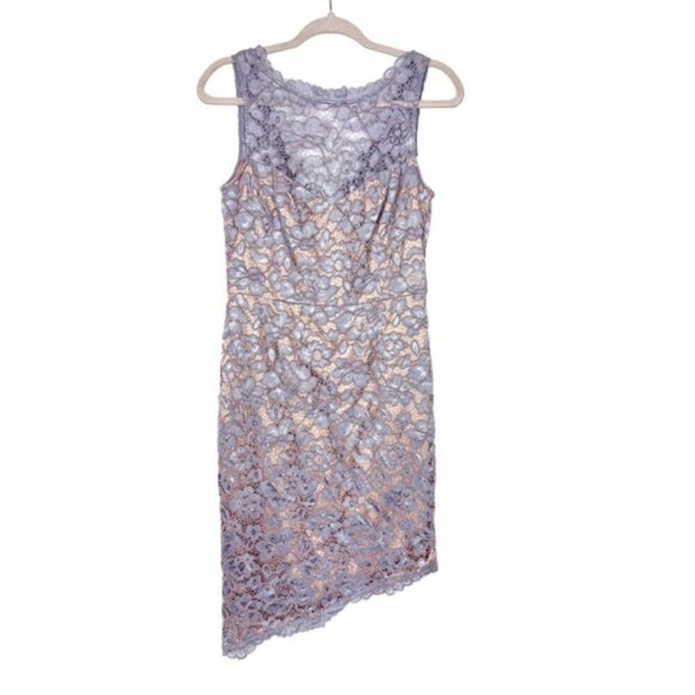 Eliza J Sheath Dress Size 10 Blue Gray Tan Eyelash Lace Asymmetric Sleeveless
